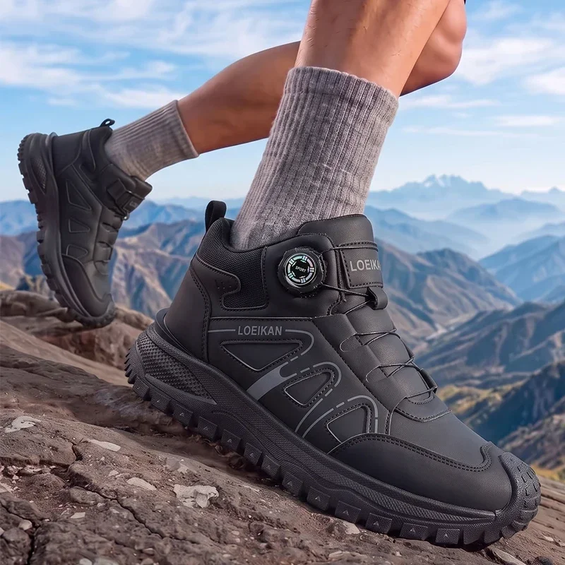 Herren High-Top Stiefel mit Drehverschluss aus PU-Leder, stoßfest, rutschfest, mit dicker Sohle, lässige Herren-Knöchelschuhe – Detail 7