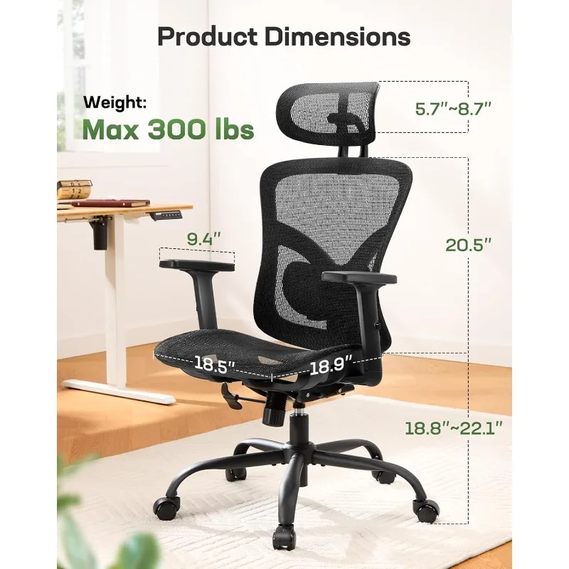 Mesh Office Chair: Mesh Computer Desk Chair with Adjustable Lumbar Support, 2D Headrest&2D Armrest, Ergonomic Gaming