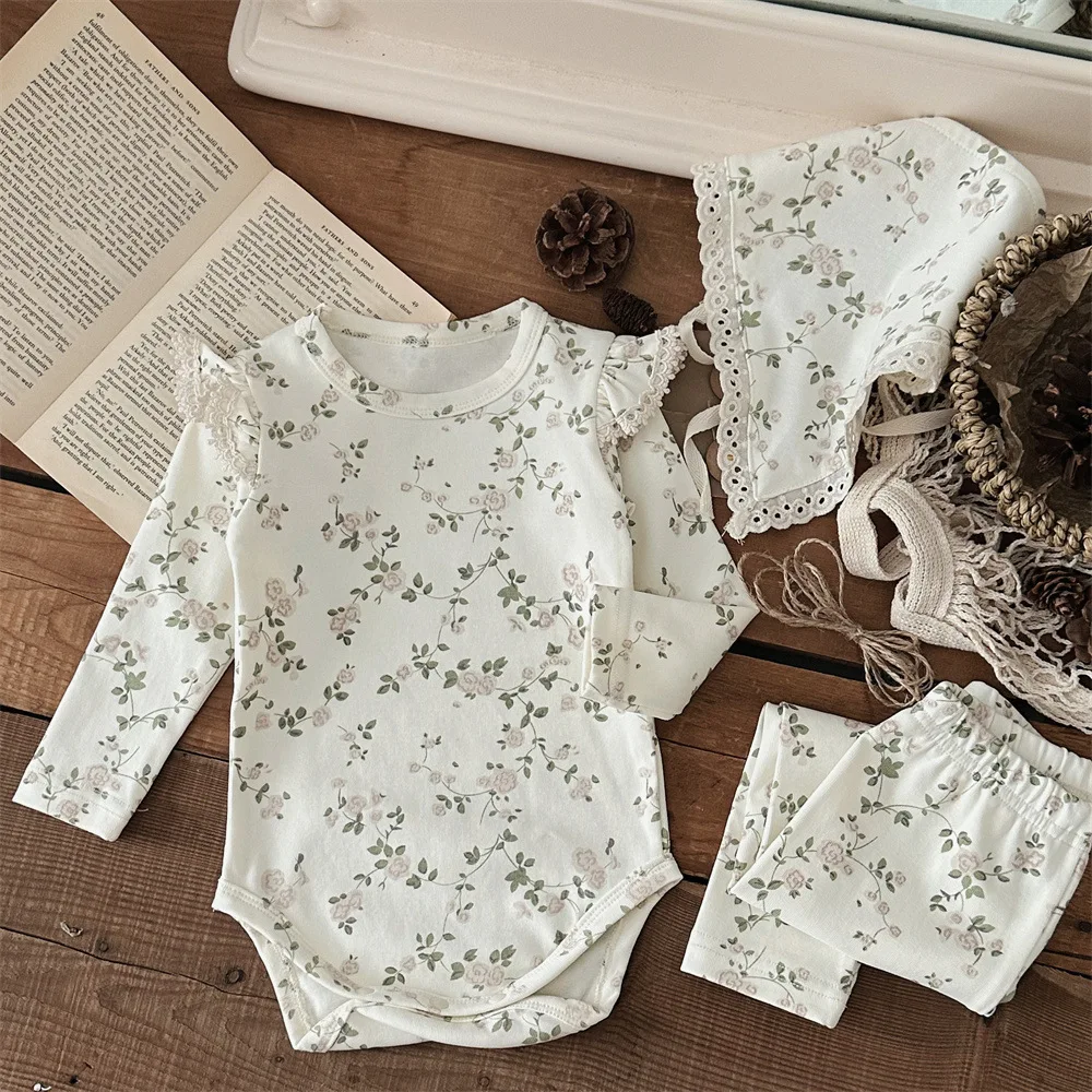 2024 Autumn New Baby Girl Long Sleeve Vintage Floral Bodysuit + Pants + Hat 3pcs Suit Newborn Infant Cotton Set Toddler Outfits