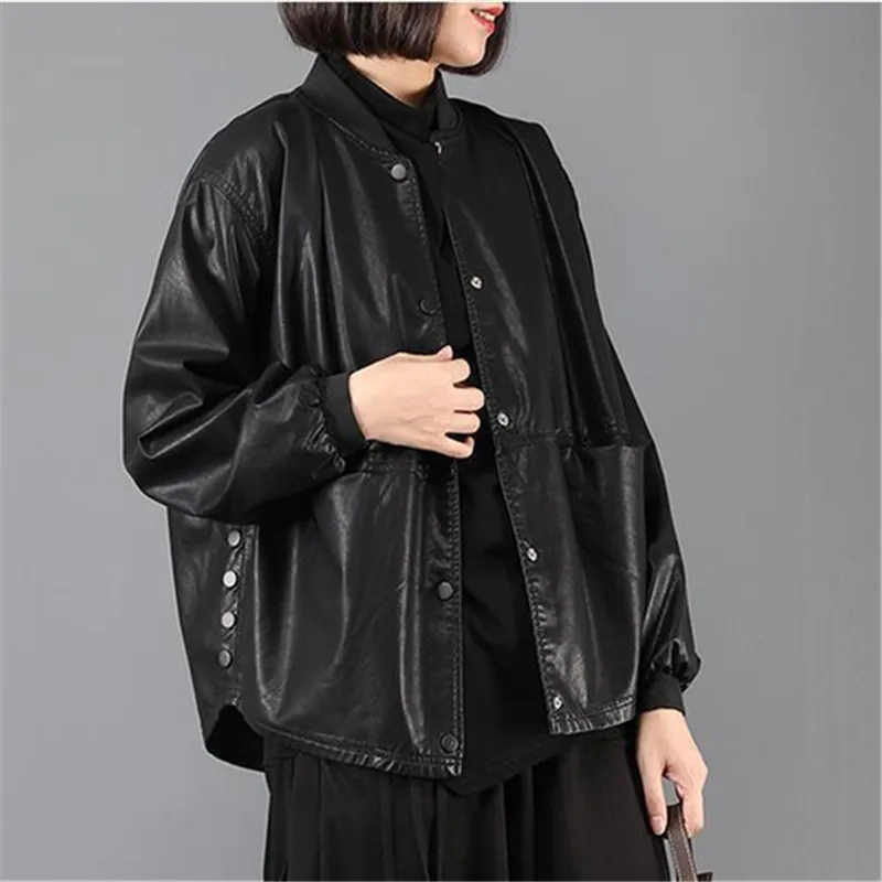 PU Leather Short Coat Female Autumn Winter New Fashion Stand Collar Long Sleeve Jacket Loose Thin Baseball Outerwear Women W429