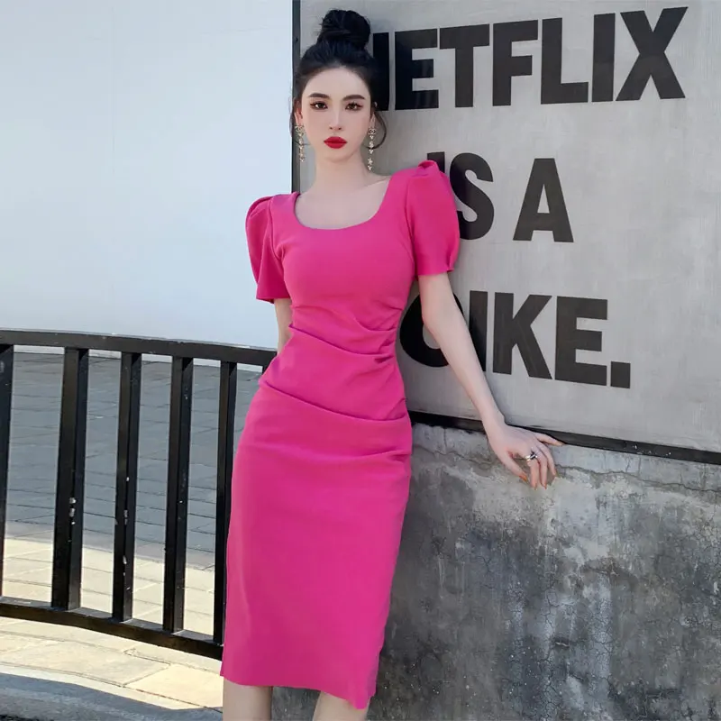 Elegant Women Green Bodycon Dress O Neck Puff Sleeve Dress Female Robe Summer Waist Midi Vestidos