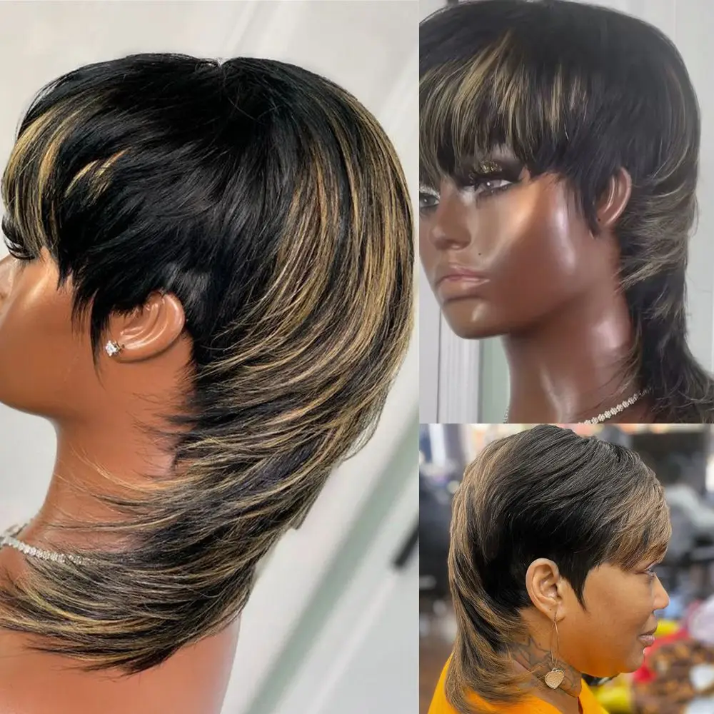 

Highlight Blonde Pixie Cut Wigs Human Hair Full Machine Made Wig With Bangs Dovetail Straight Brazilian Human Hair Wigs Glueless