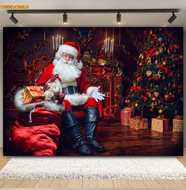Winter Christmas Santa Claus Photography Backdrop Christmas Tree Fireplace Window Kids Portrait Family Party Photo Background