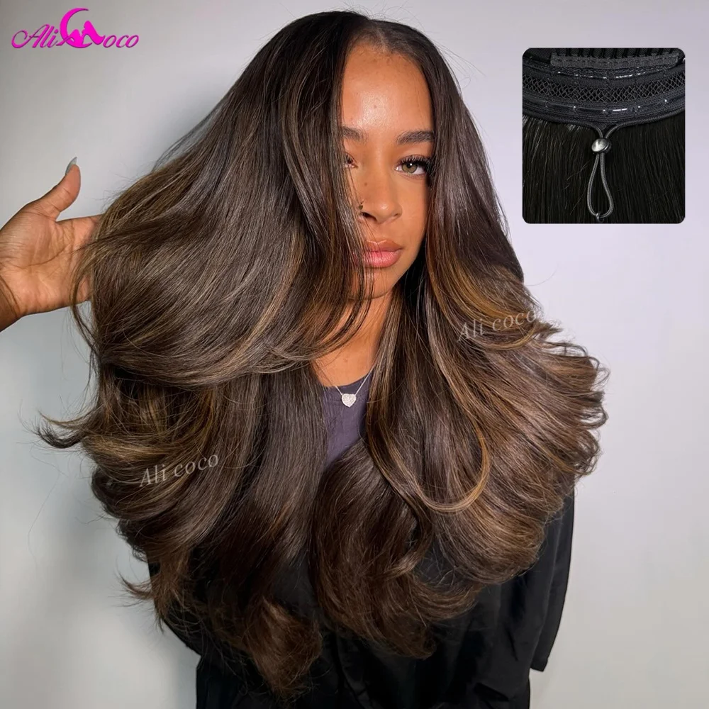 Honey Blonde Highlights Drawstring New Upgrade 200Density Body Wave Wig Lace Front Remy Human Hair Glueless Invisible HD Pre-cut