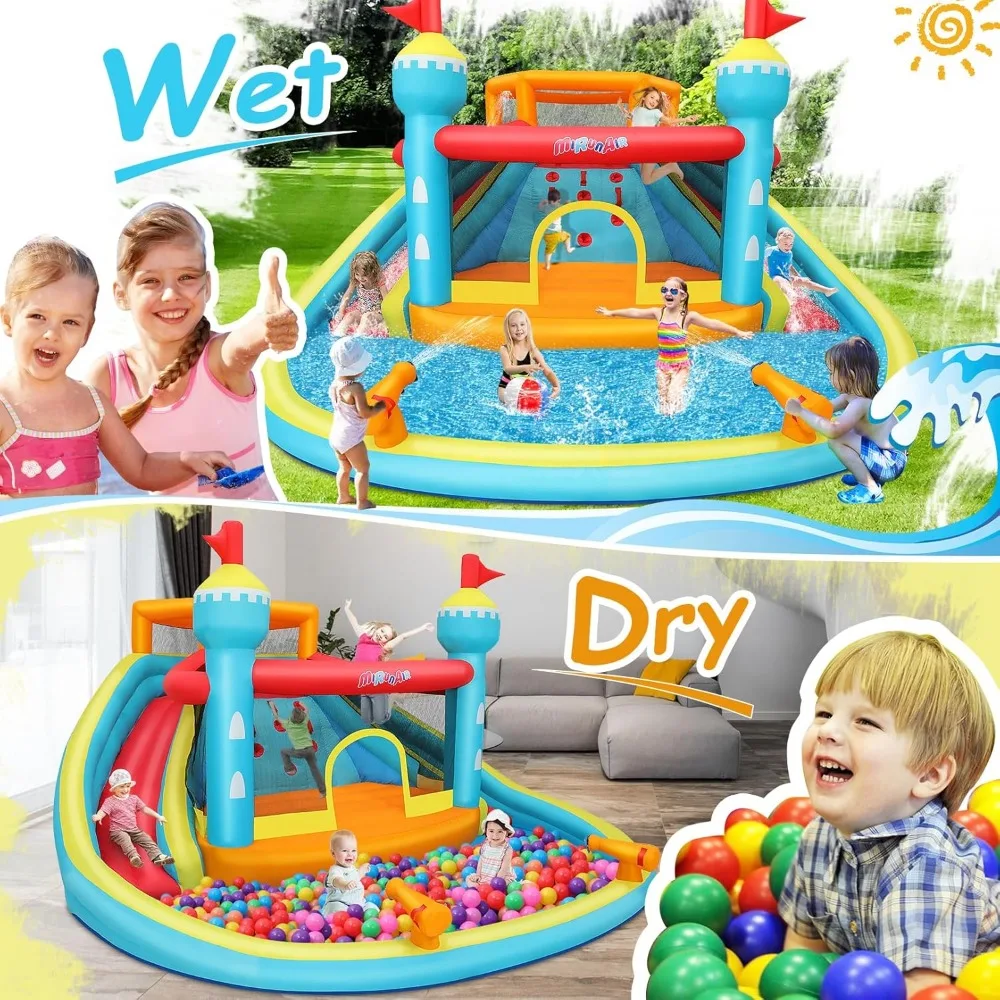 Whubefy 14.1x13.8Ft Rumah Bouncing Seluncuran Air Tiup untuk Anak-anak, Rumah Goyang Seluncuran Air Tiup Kastil Lompat dengan 2 Seluncuran