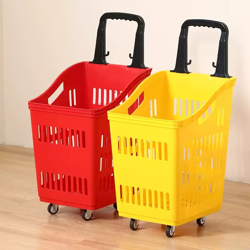 Plastic op Basket with Wheels Handheld Market Basket with Pull Rod Basket for Convenience Store