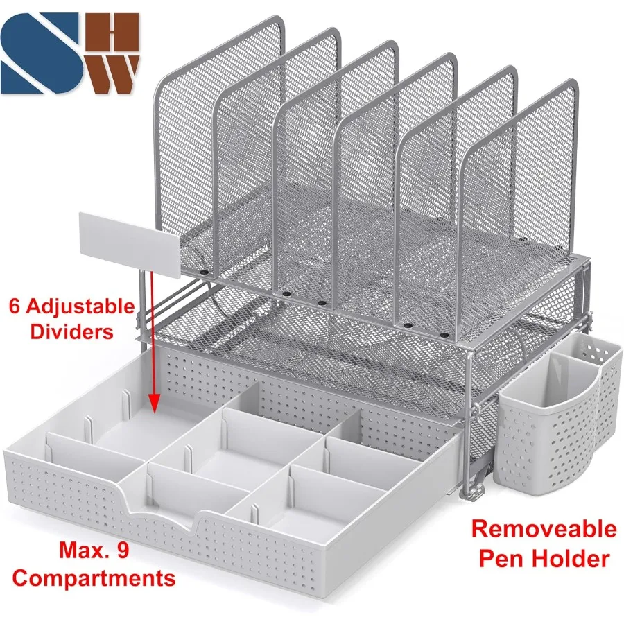 Organizer Meja Modern dengan Laci Geser, Dua Rak, dan 5 Sekat Tegak untuk Penyimpanan Kantor yang Efisien dan Pengaturan Kabel
