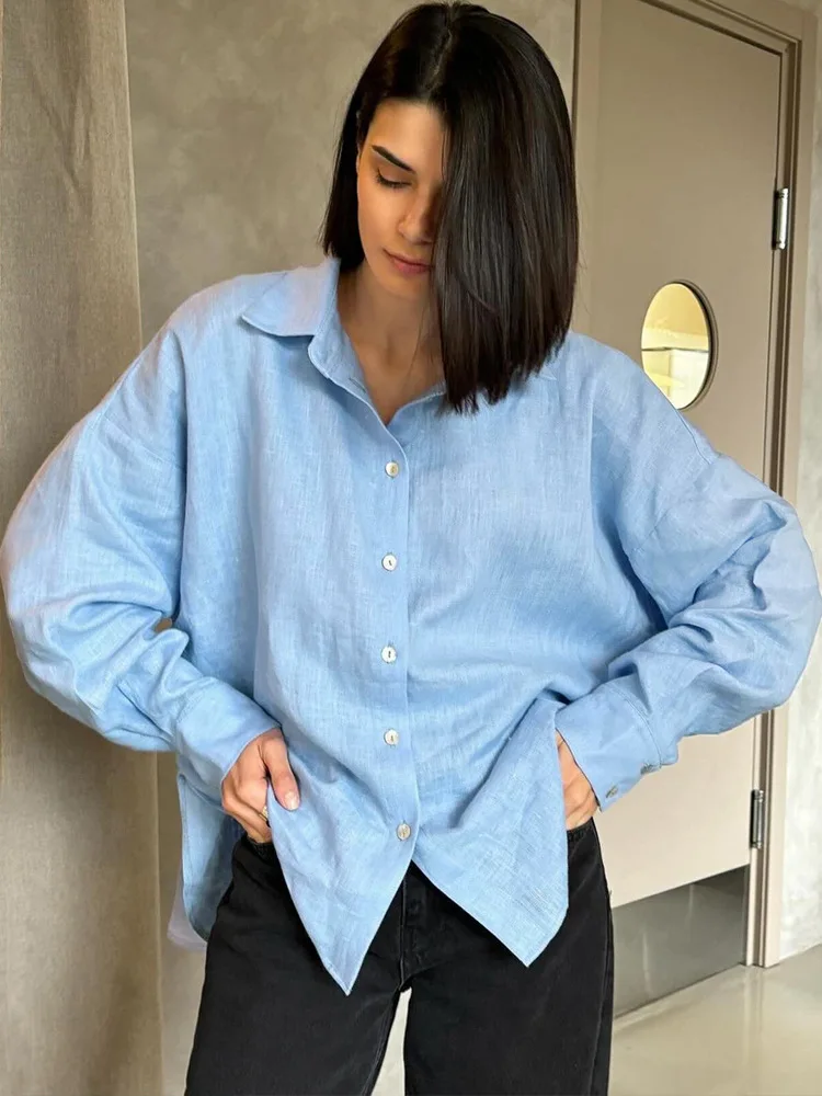 패션 느슨한 블라우스 봄 도시 여성 리넨 셔츠 긴 소매 턴 다운 칼라 탑 여성을위한 빈티지 코튼 린넨 셔츠
