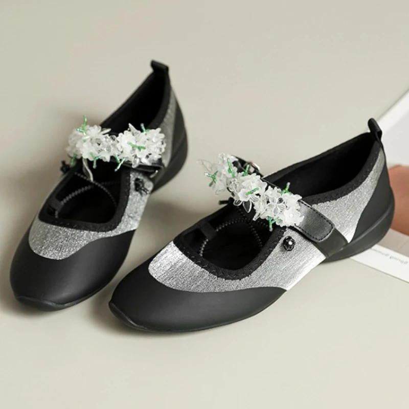 ラグジュアリークリスタルストリングビーズフローラルローヒールパンプス-レディース-ラウンドトゥ-スポーツバレエフラットシューズ-アウトドアウォーキング-メリージェーンシューズ