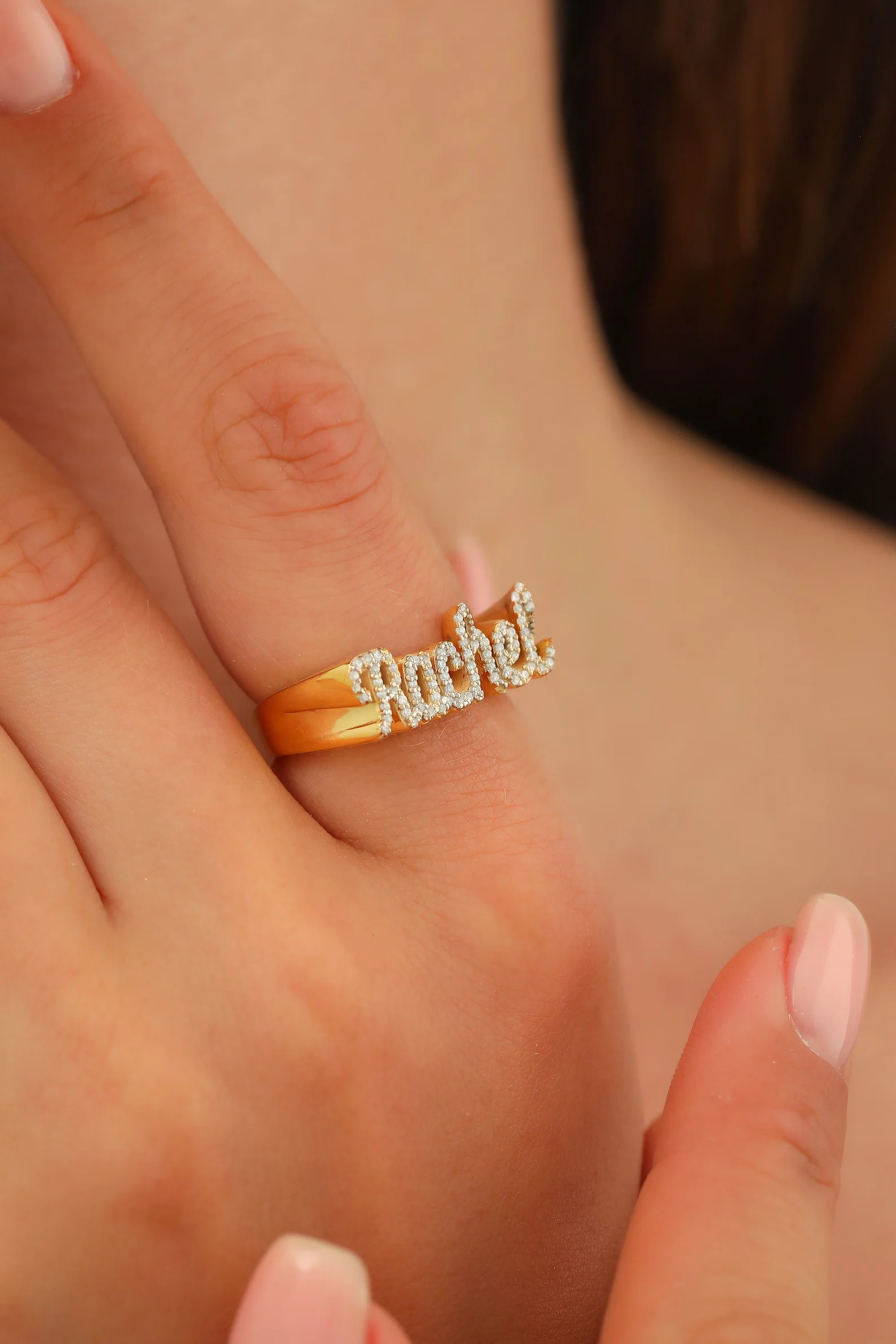 Custom Gold Name Ring Personalized Cubic Zirconia Inlaid Engraved Name Jewelry Unique Gift for Her Customizable Statement Rings