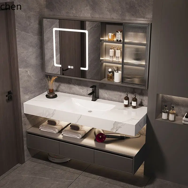 CZ Rock Slab Smart Bathroom Cabinet Set Double Layer Wash Basin Integrated Ceramic