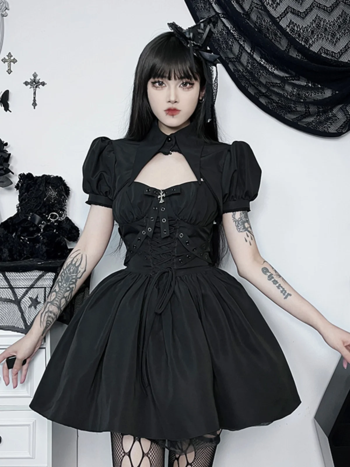 Wannathis Gothic White loween Dr Set Bubble Sve Lolita Skirt Two-Piece Women's Faion Autumn Wear Casual Sle