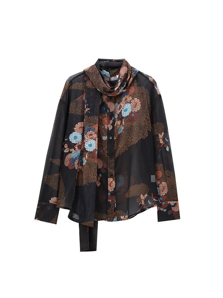 2024 Autumn and Winter New European and American Style Women\'s Casual Flower Printed Round Neck Long Sleeve Shirt