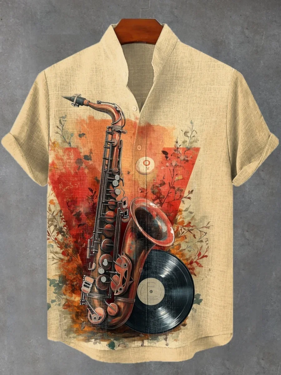 

Musical instrument pattern print, fashionable men's short sleeved shirt, loose top, outdoor street, casual and comfortable