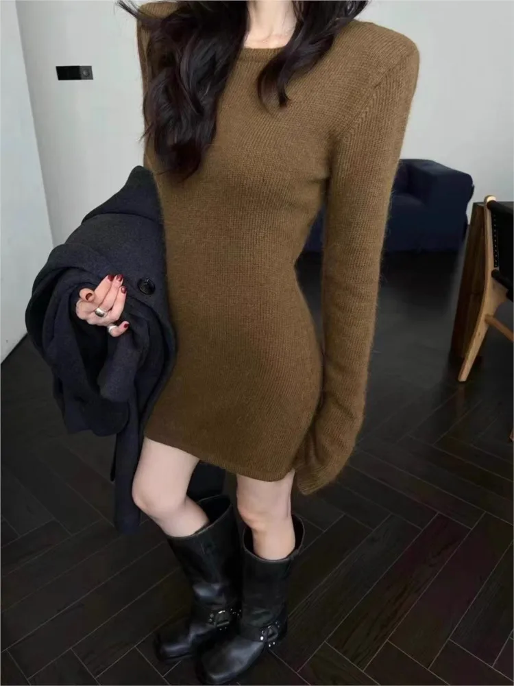 Sexy Backless Short Knitted Dress Women Autumn Winter High Waist Ling Sleeve Inside Base Bodycon Dresses Ladies Clubwear Fashion