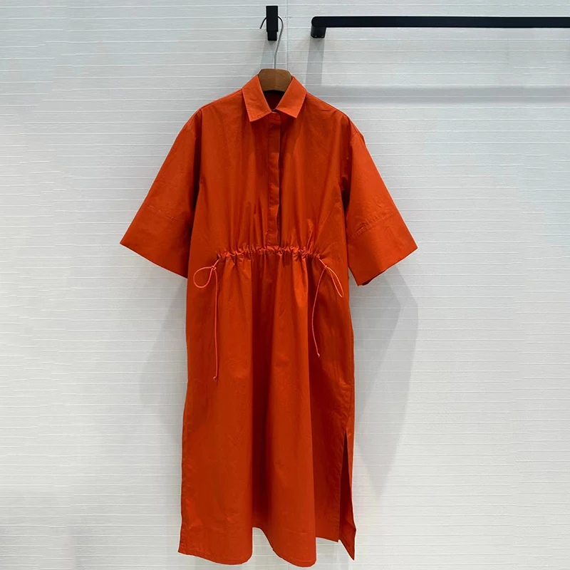 Kleid im Hemds til mit sieben geteilten Ärmeln, minimalisti scher Stil, Taille mit Kordel zug, lässiges, lockeres, langes Kleid,, Sommer, neu, y2k