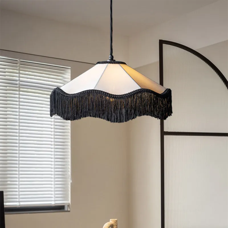 

French Retro Fabric Led Pendant Lights Bedroom Living Room Study Restaurant Bar Loft Cream Style Tassel Decoration Hanging Lamps