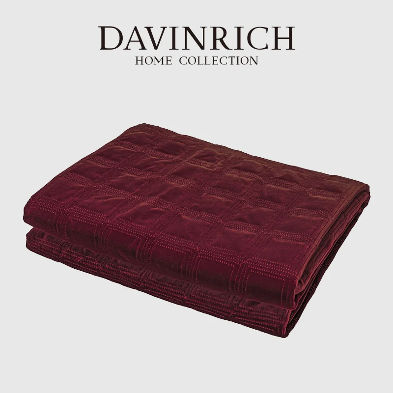 DAVINRICH Italy Velvet Bed Scarf Square Geometric Pattern Embroidered Burgundy Luxury Bed Runner For Bedroom Hotel Wedding Room