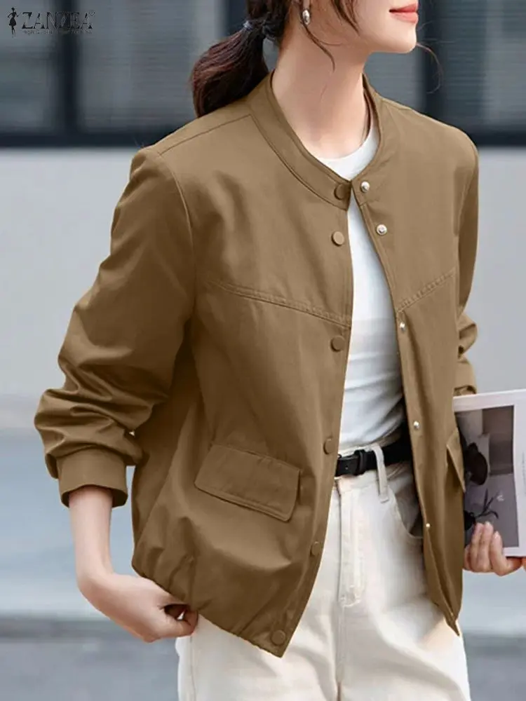 ZANZEA Women Casual Jackets Autumn Long Sleeve O-Neck Button Up Elastic Hem Solid Color Coats Woman Commuting Outerwear S-3XL