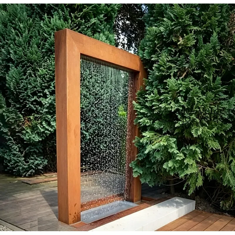 for Weathering Steel Rain Curtain Water Wall Outdoor Garden Vertical Water Feature Modern Metal Frame Fountain