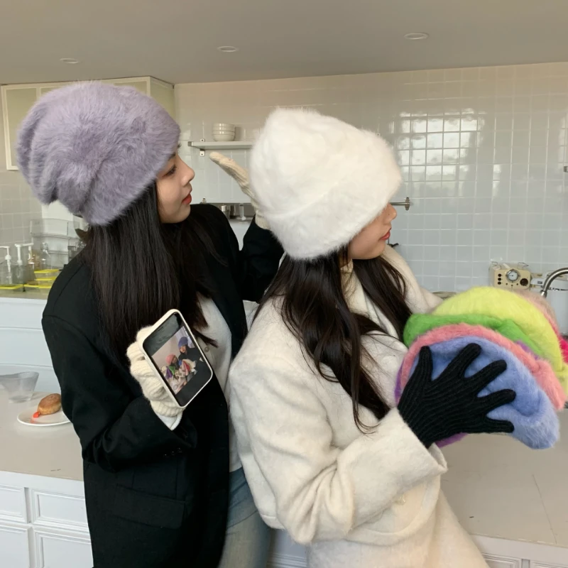 2023 New Fashion Rabbit Fur Y2k Beanies for Women Soft Warm Fluffy Angola Winter Hat Female Windproof Bonnet Hat Skullies Cap