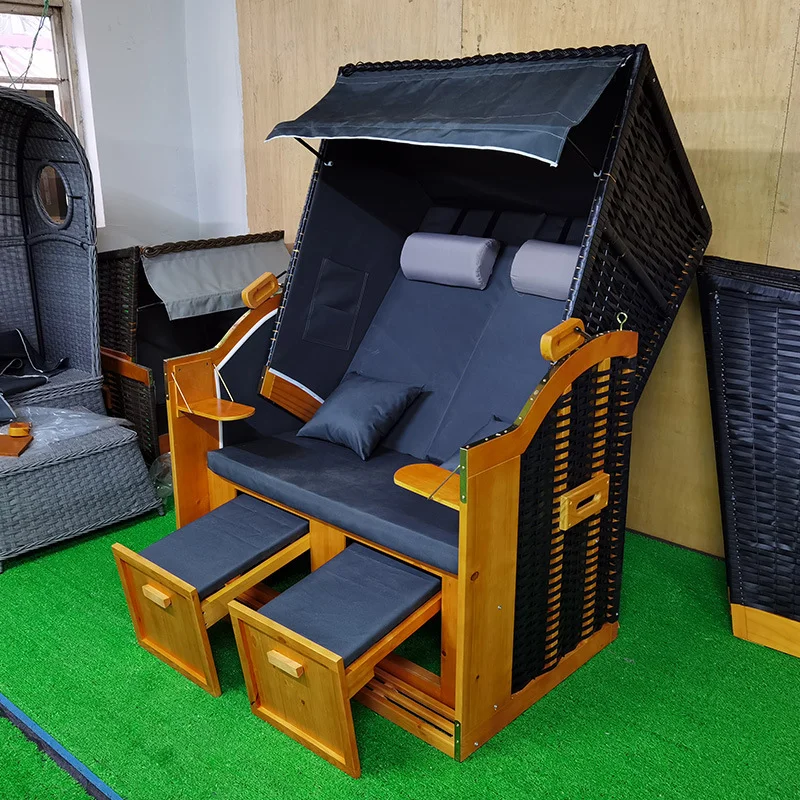 

Waterproof Portable Wicker Beach Chair with Sun Shade Long Garden Furniture for Outdoor Living Room Wood Material كرسي رحلات