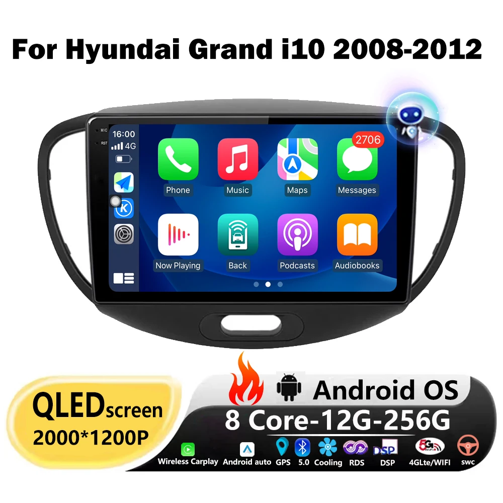 รถวิทยุสเตอริโอ 4G WIFI สําหรับ Hyundai Grand i10 2008 2009 2010 2011 2012 Wireless CarPlay Android Auto DSP BT FM พัดลมระบายความร้อน