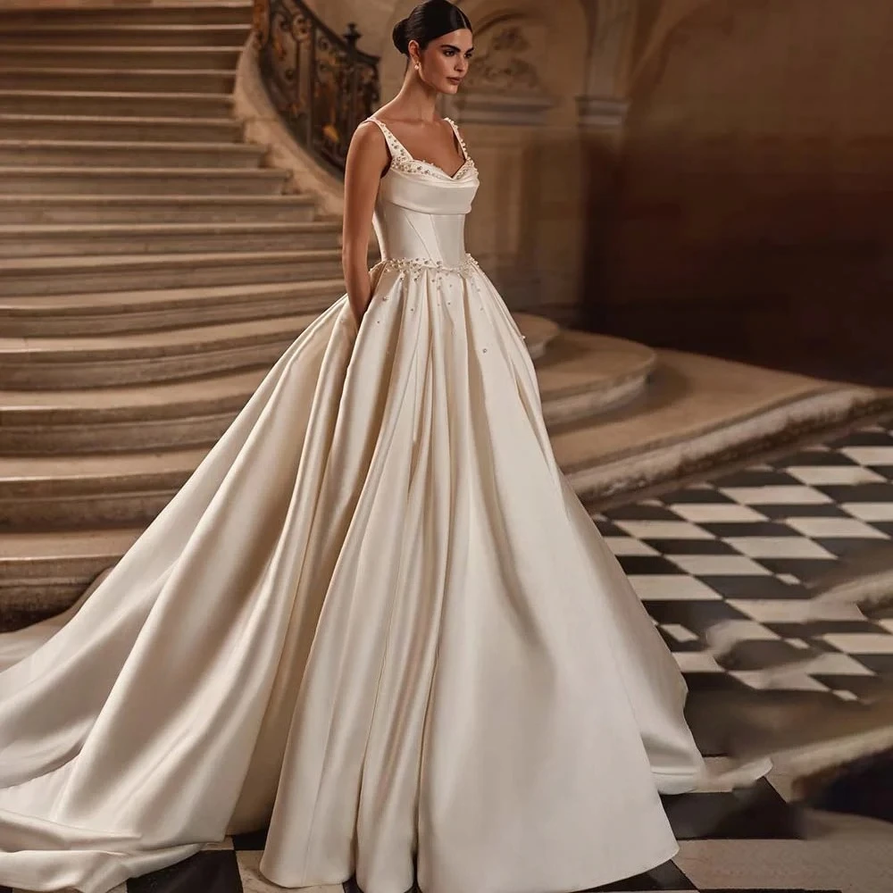 Pérolas personalizadas a linha vestidos de casamento cintas de espaguete vestido de noiva sem costas vestidos de noiva vestido de novia