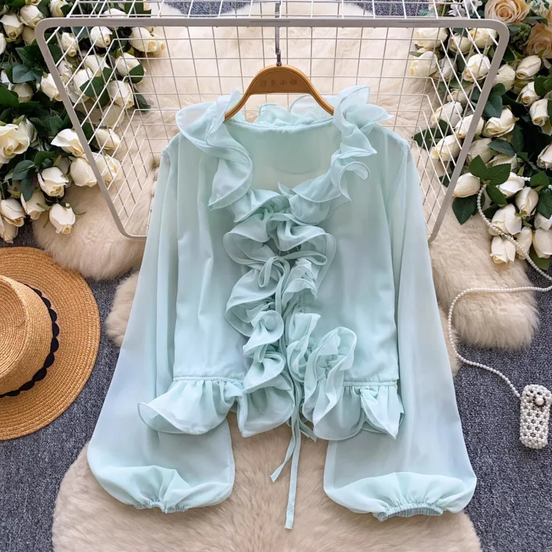 ANJY Spring Autumn New Women French Style Elegant Lace-Up Ruffles Spliced Long Sleeve Chiffon Blouse Design Stylish Shirt A23937