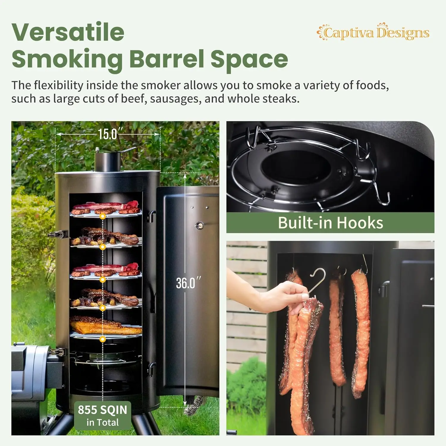 Charcoal Vertical Smoker Grill and Offset Smoker Grill Combo, Extra Large Outdoor Barrel BBQ Meat Smoker Grill with 5 Removable