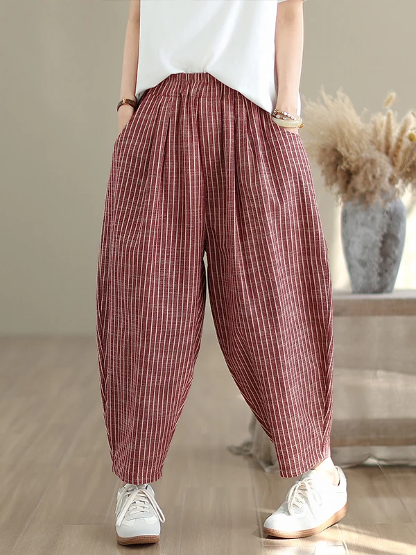 

Повседневные брюки Харлан, полосатые льняные брюки с эластичной резинкой на талии, свободный крой, летние женские брюки для отдыха больших размеров, художественные брюки для поездок на работу...