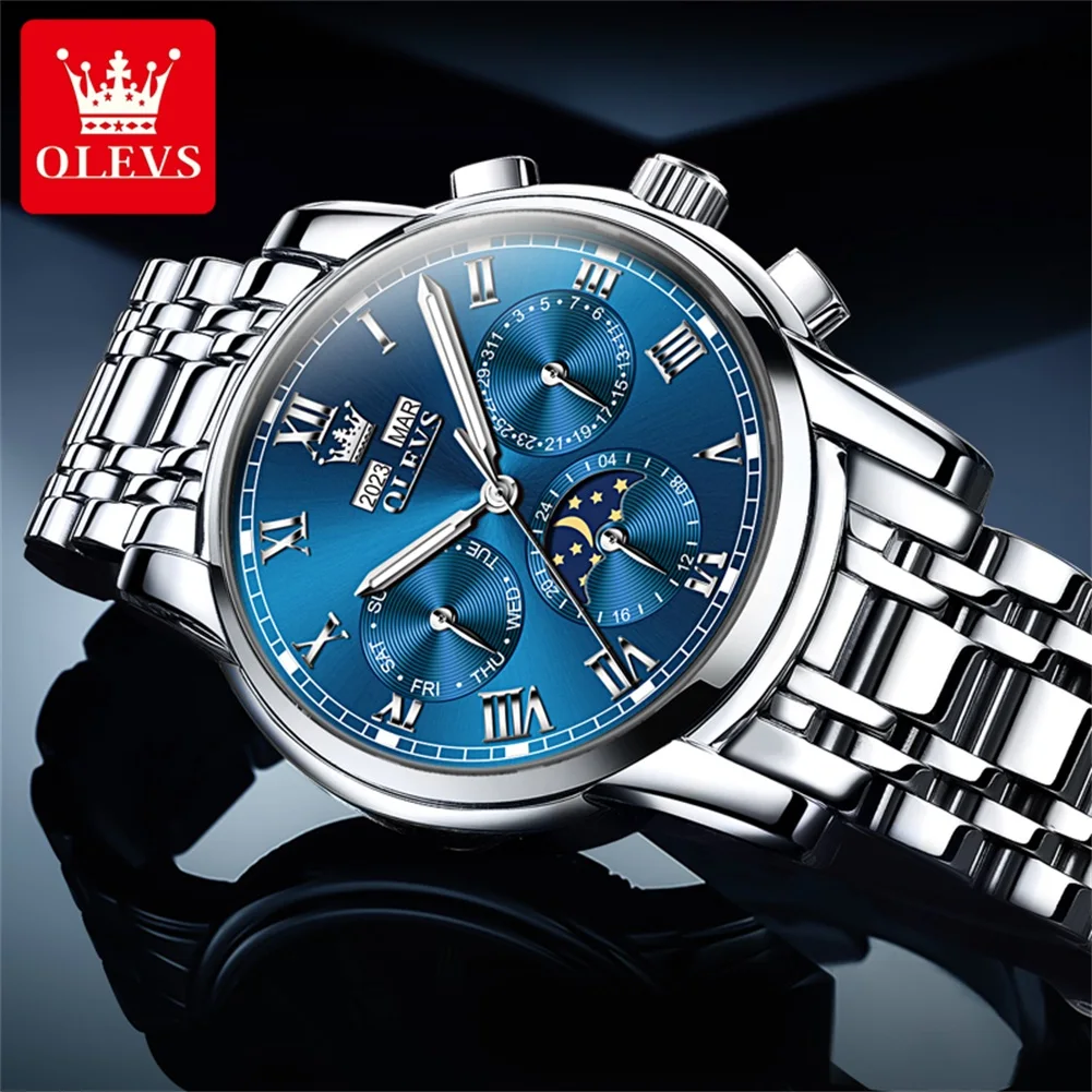 OLEVS Mechanical Watch for Men Stainless Steel Luminous Waterproof 24 Hour Moon Phase Calendar Luxury Men's Automatic Wristwatch