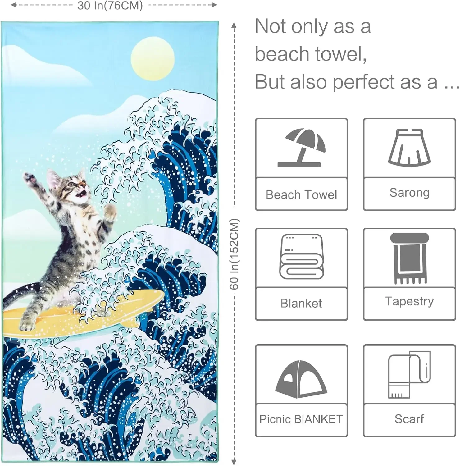 Funny Surfer Cat Beach Towel, Great Wave Blue Ocean Art Cotton Blend Absorbent Bath Towel for Kids Men Women and Travel