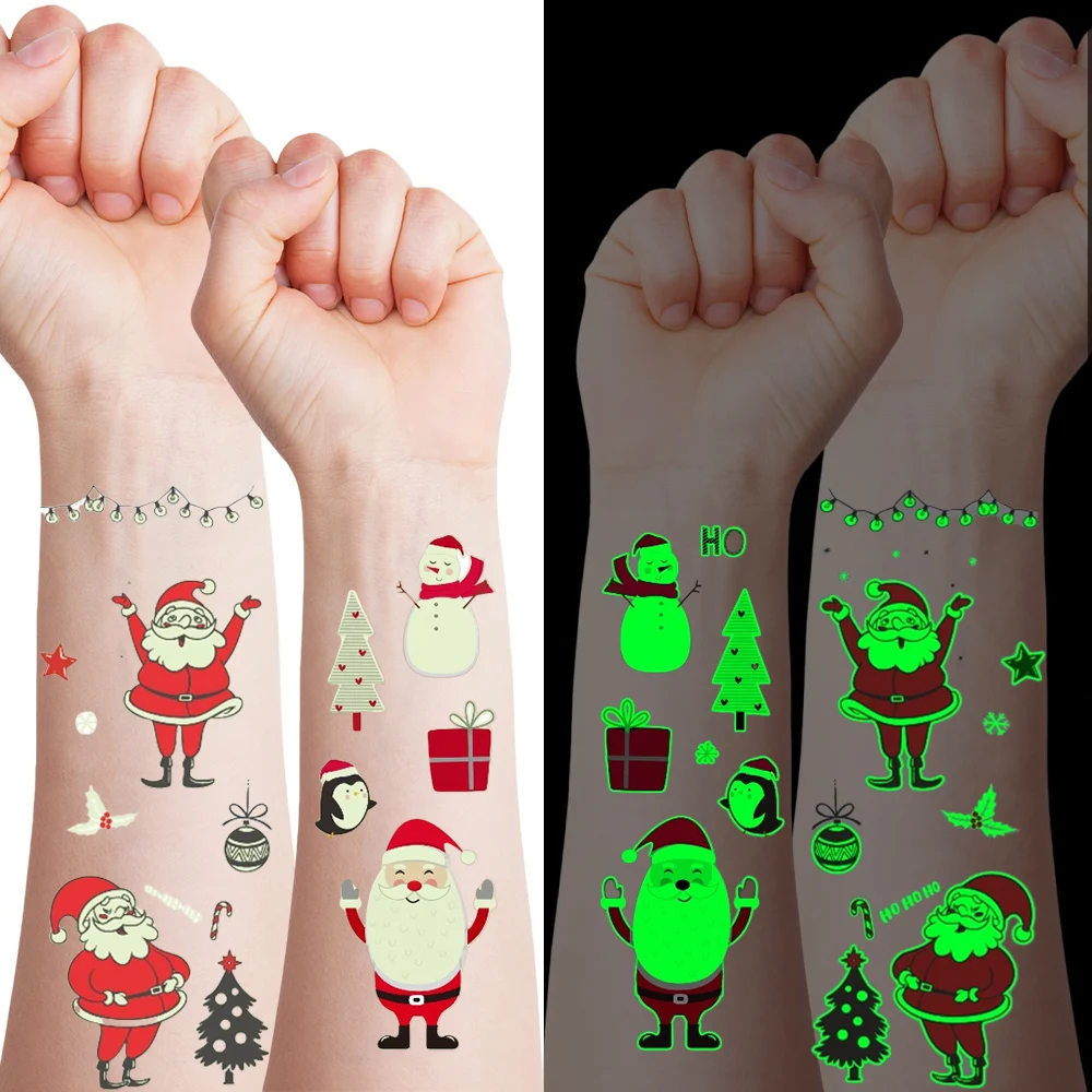 15 Sheets Luminous Christmas Tattoo Stickers Cartoon Designs, Santa Claus Elk Star Christmas Tree Temporary Waterproof Tattoos