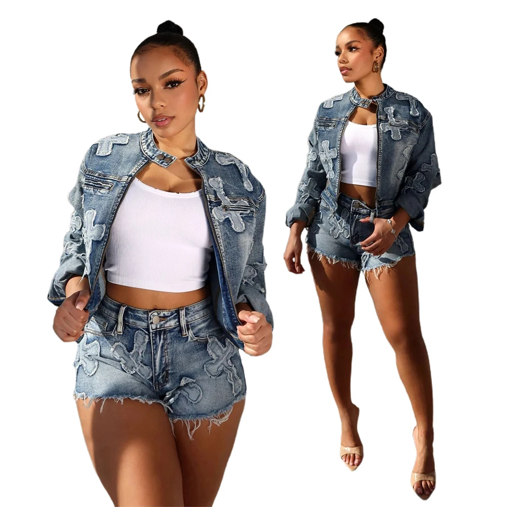 Spring 2024 Fashion Denim Women Sets Clothing Embroidered Cross Jacket and Shorts Suit Jeans 2 Two Piece Set Outfits Street Wear