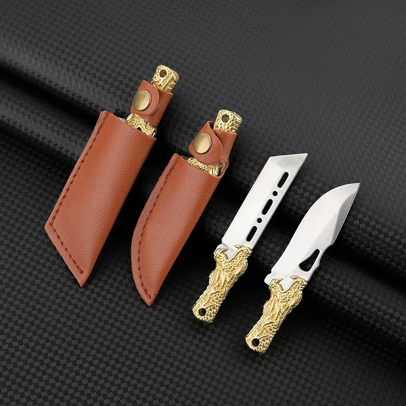 Golden Brass Animal Shape Handle Mini Pocket Knife with Leather Cover  Stainless Steel Self Defense Knife Outdoor Tools Keychain