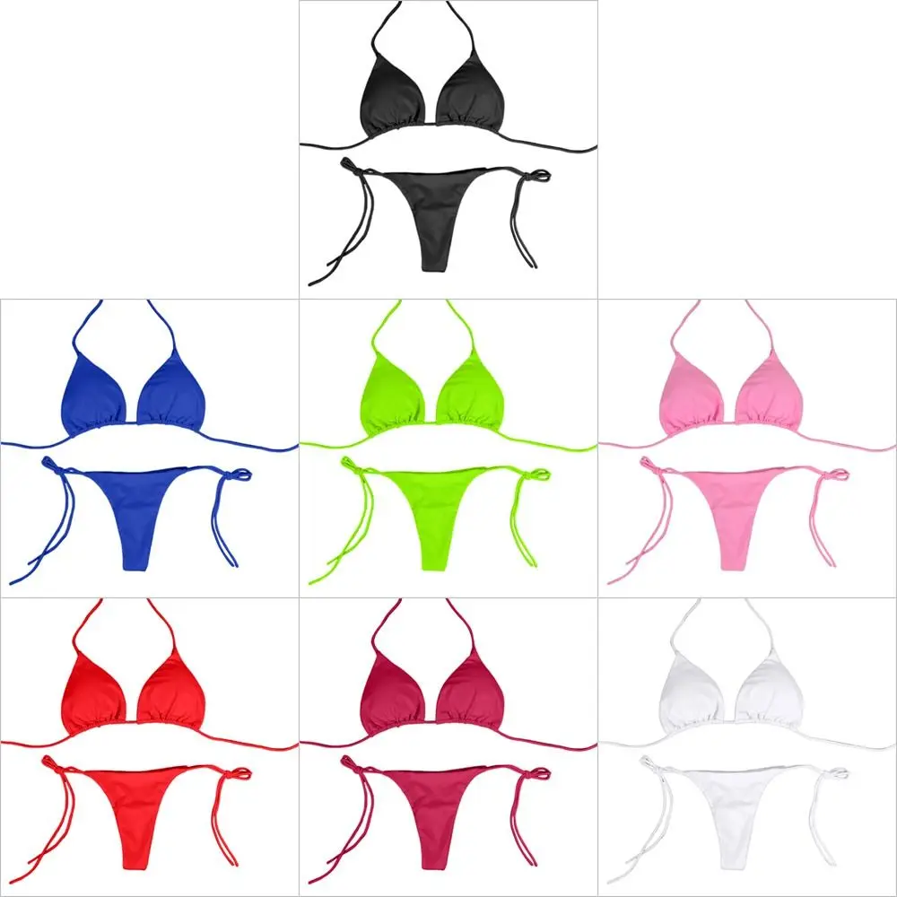 Solid Color Adjustable Sexy Split G-string Thong Backless Brazlian Swimwear Swimsuit Bathing Suit Bikini Set
