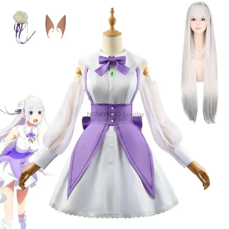 

Re0 Costumes Emilia Cosplay Dresses Re: Life A Different World From Zero EMT Wigs Headwear Halloween Princess Dress