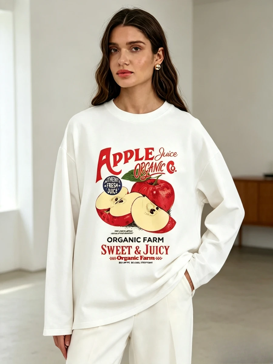 100% Cotton Women T‑Shirt Apple Juice Organic Farm Fruit Graphic Print Long Sleeve Loose Fashion Basic Base Top Spring Autumn view 6