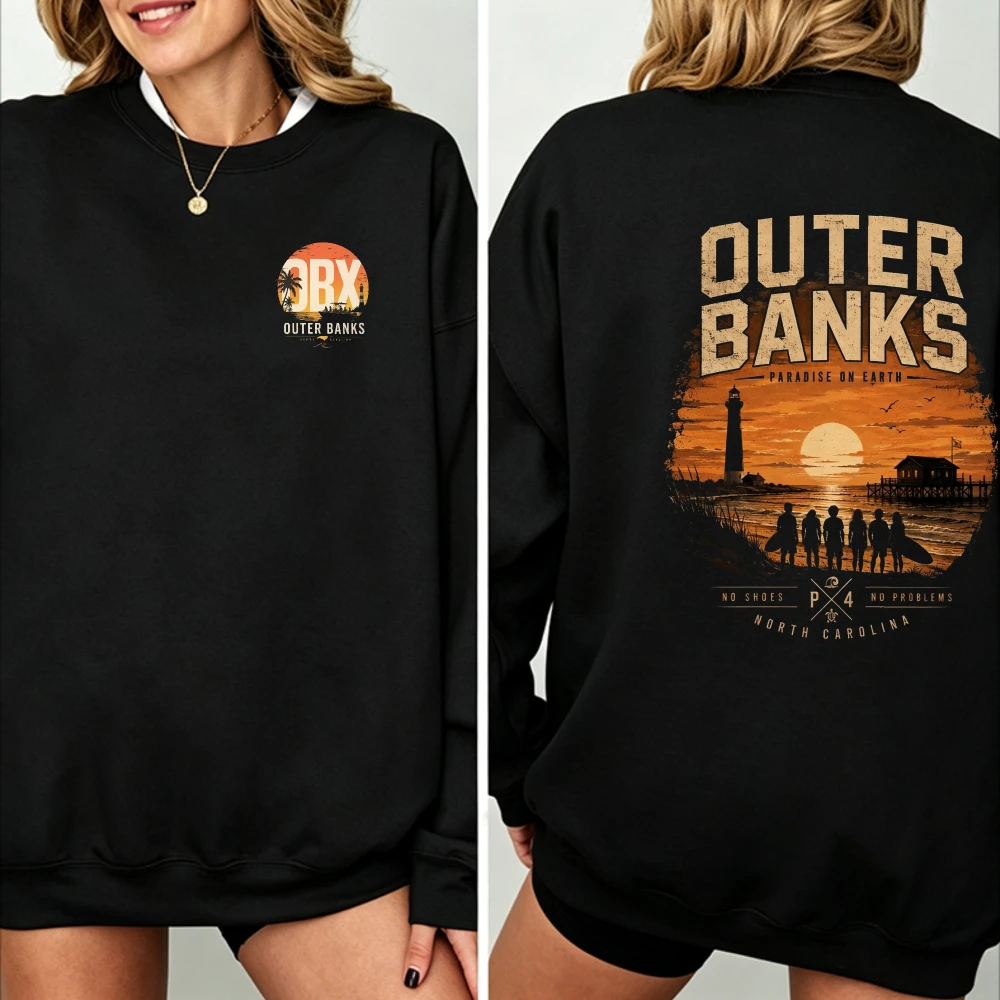 Outer Banks‑Inspired SWEATSHIRT OBX Sunset Lighthouse Group Silhouette Pullover TV Show Fan Merch Casual Beach Streetwear Tops