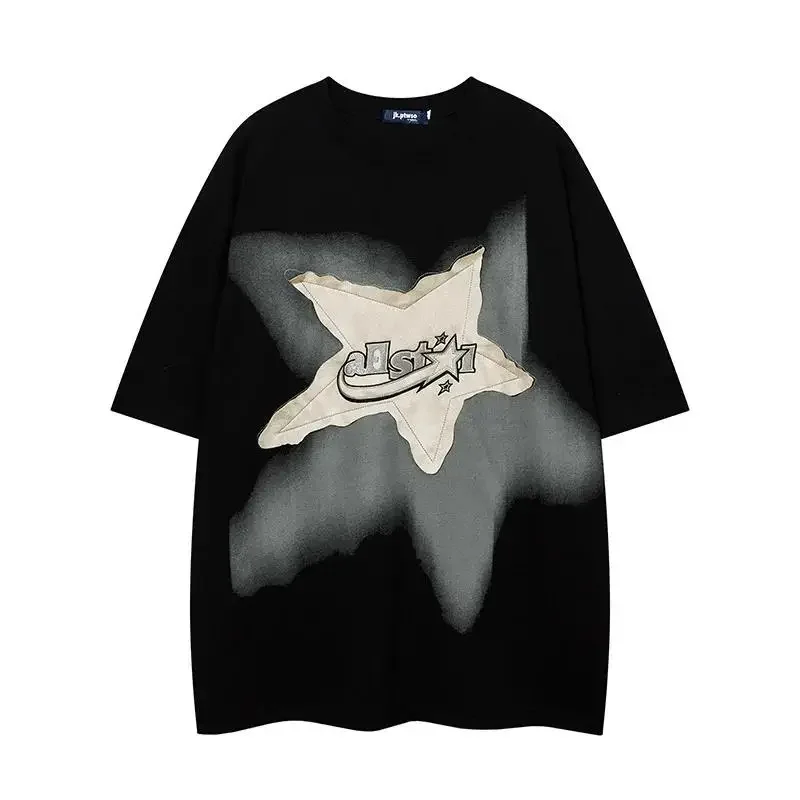 Vintage Star T Shirt Men Allstar Patch Applique Ink Effect White Cotton Tee Fashion Top Vintage