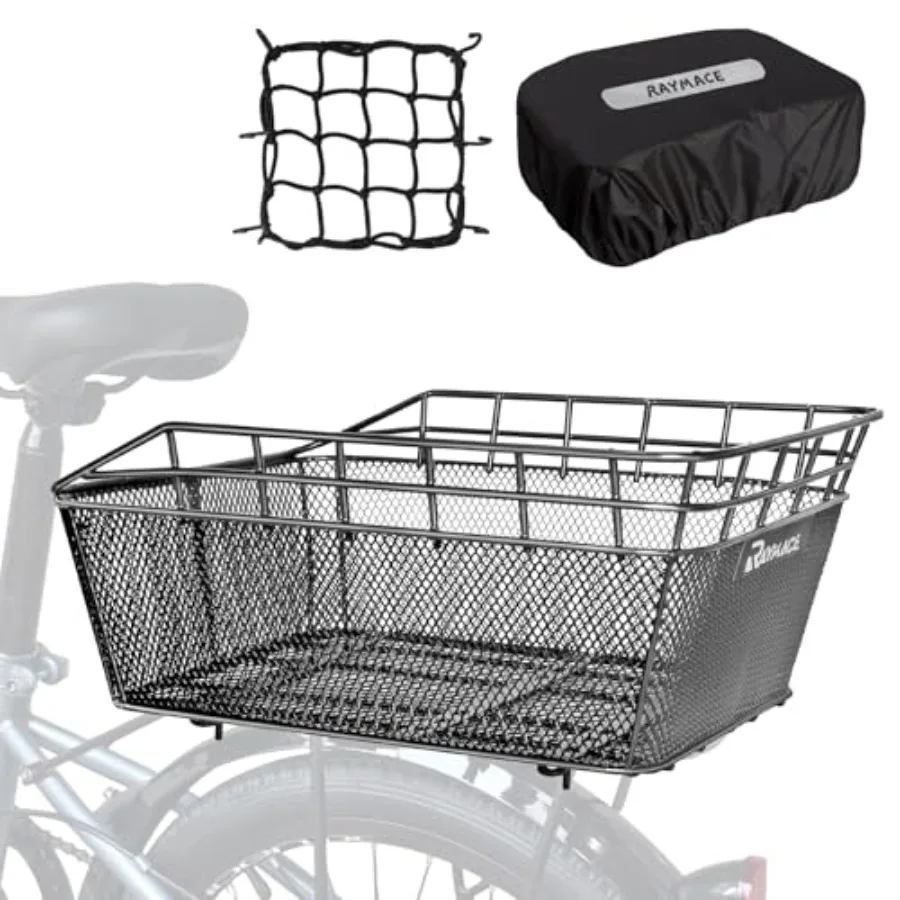 

Bike Basket Rear with Cargo Net and Waterproof Cover, Wire Bicycle Basket Large Capacity Storage, Fits for Most Bicycle and Ele