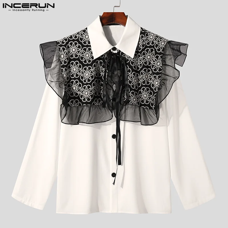 2023 Men\'s Shirt Lace Patchwork Ruffle Lapel Streetwear Long Sleeve Lace Up Unisex Shirts Fashion Casual Camisas S-5XL INCERUN