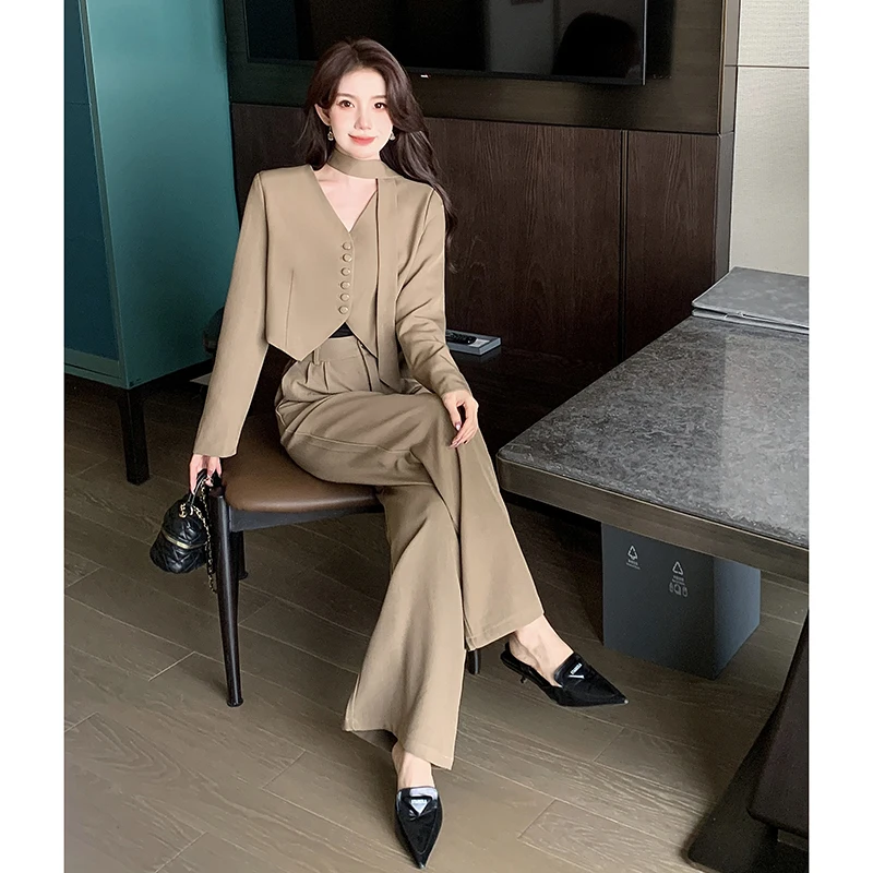 Autumn New High end Solid Color Slim Short Suit Coat Wide Leg Pants Two Piece Set Women Outfits Temperament Commuter Suit Set