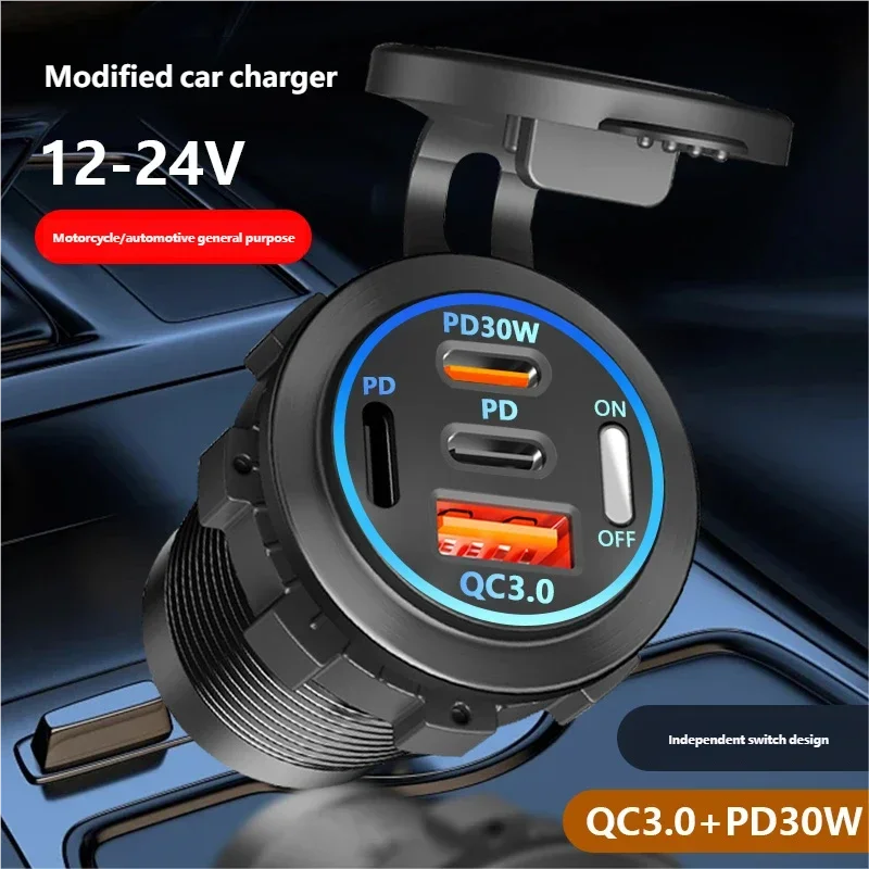 3/4 Port PD QC 3.0 USB Car Charger with Voltmeter Socket Power Outlet Adapter Waterproof for 12V/24V for Car ATV Boat Motorcycle