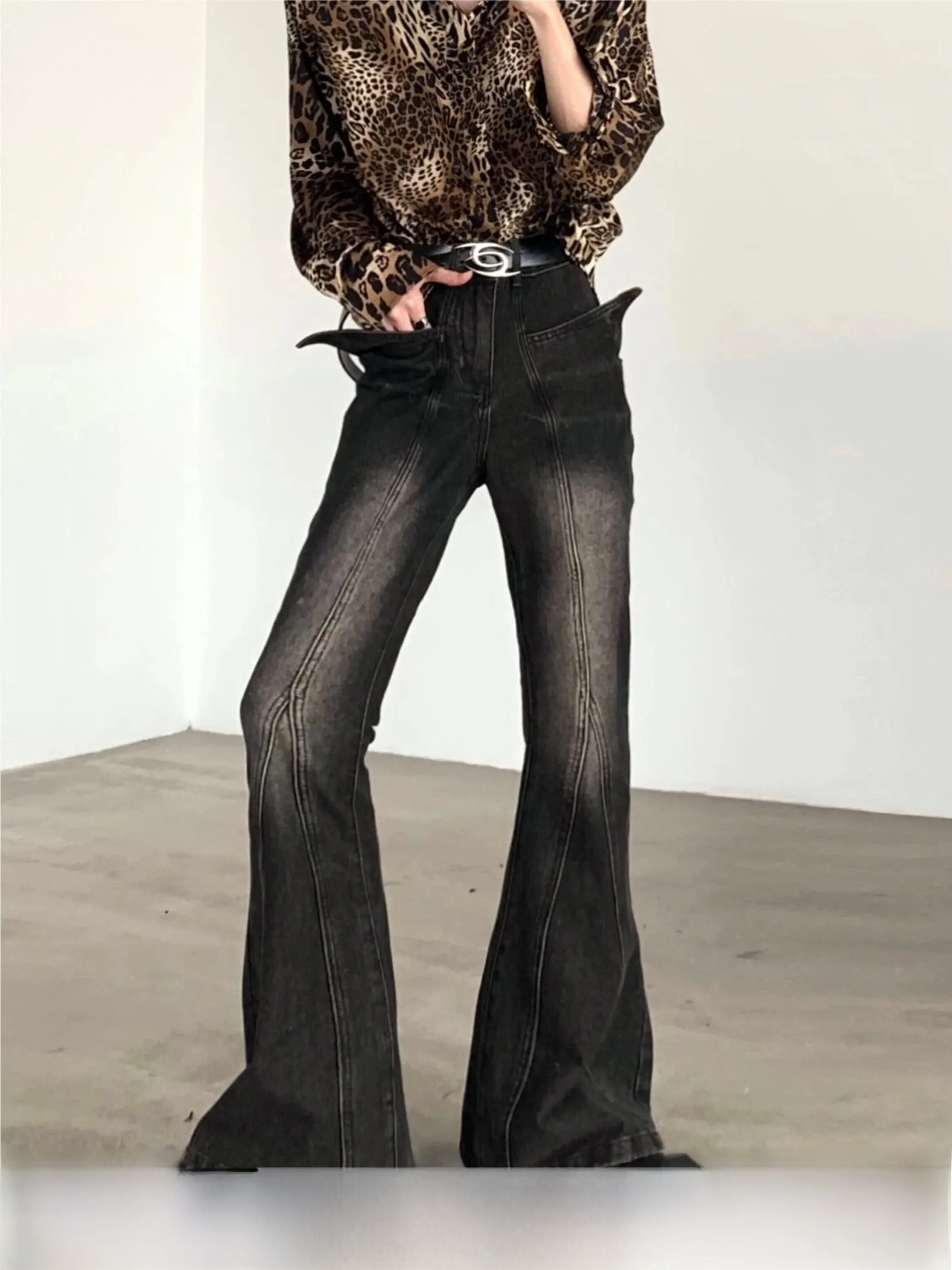 

Retro Washed Slim Fit Men's Jeans High Waist Straight Leg Bell Bottoms Distressed Denim Youthful Trend Autumn Mountain Wind