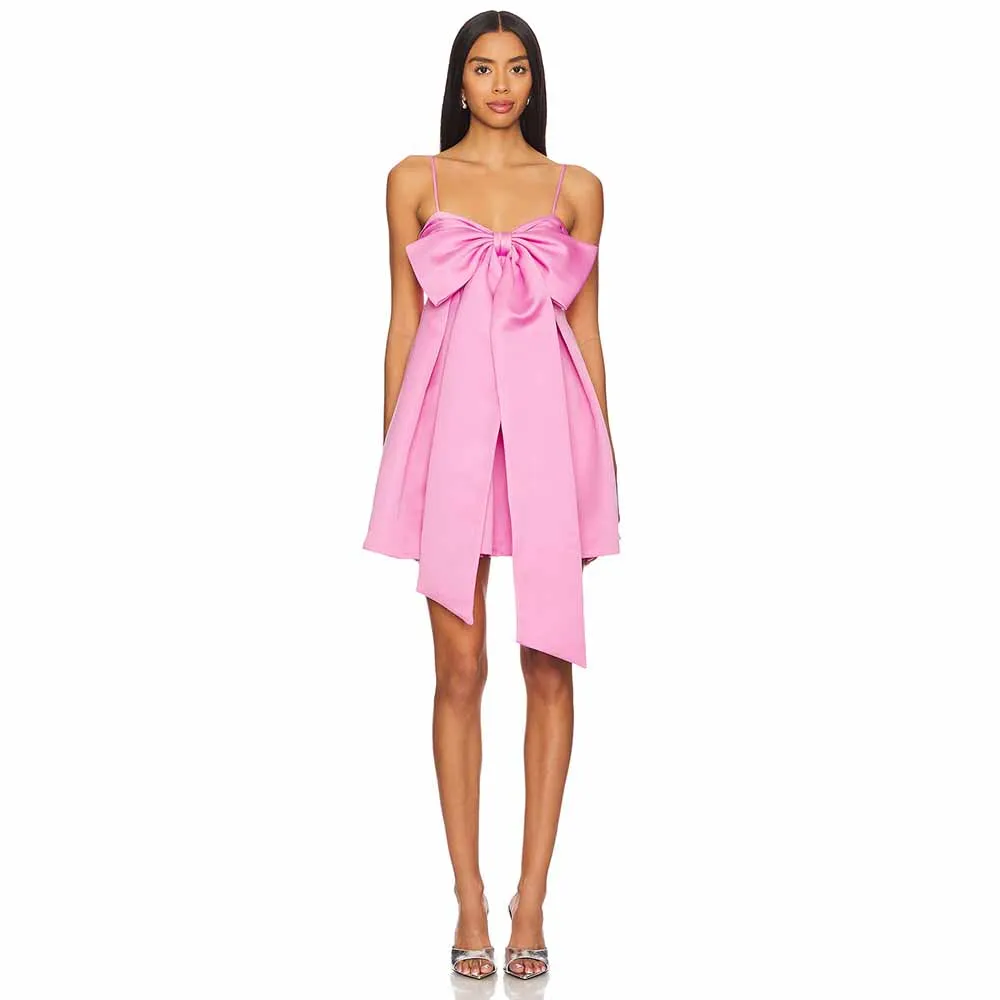 

Elegant Cocktail Party Dresses Satin A-line Birthday Dress Pink Spaghetti Strap Bow Pleat Ruched Prom Dress Mini 2025