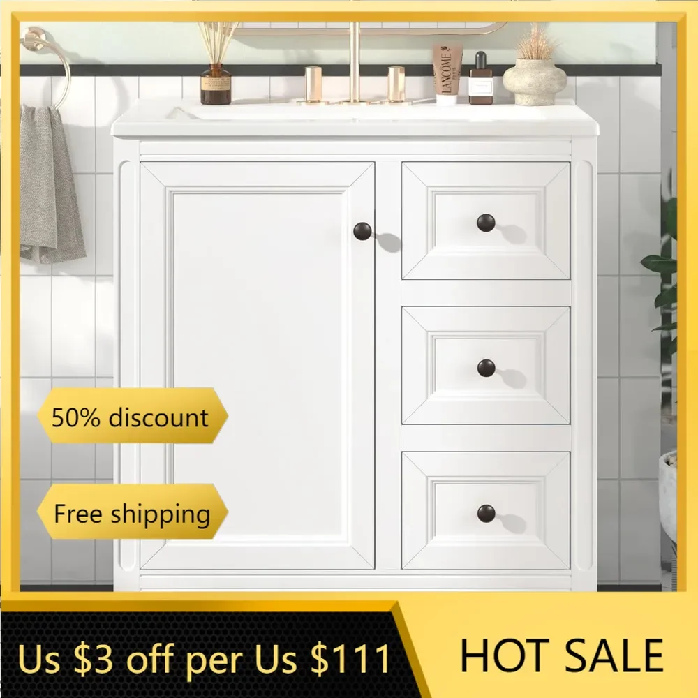 

30" Bathroom Vanity with Sink,Freestanding Bathroom Vanity and Basin Sink Combo with Three Drawers and Two Door Shelves, (White)