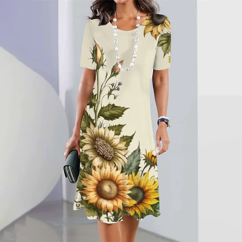 

New Sunflower Print Women's Dresses Female Elegant Midi Dresses Summer Plus Size Short Sleeve Dress Fashion Women's Clothing
