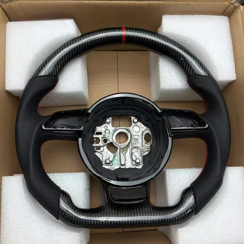 For Audi A6C7 Upgraded Carbon Fiber Steering Wheel | Genuine Leather Perforated Grip with Red Return Mark